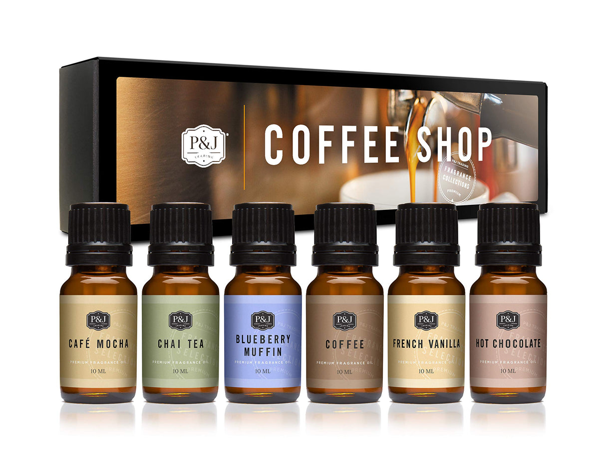 P&J Trading Fragrance Oil Coffee Shop Set | Coffee, Café Mocha, Chai Tea, Hot Chocolate, Blueberry Muffin, French Vanilla Candle Scents for Candle Making, Freshie Scents, Soap Making Supplies P&J Trading