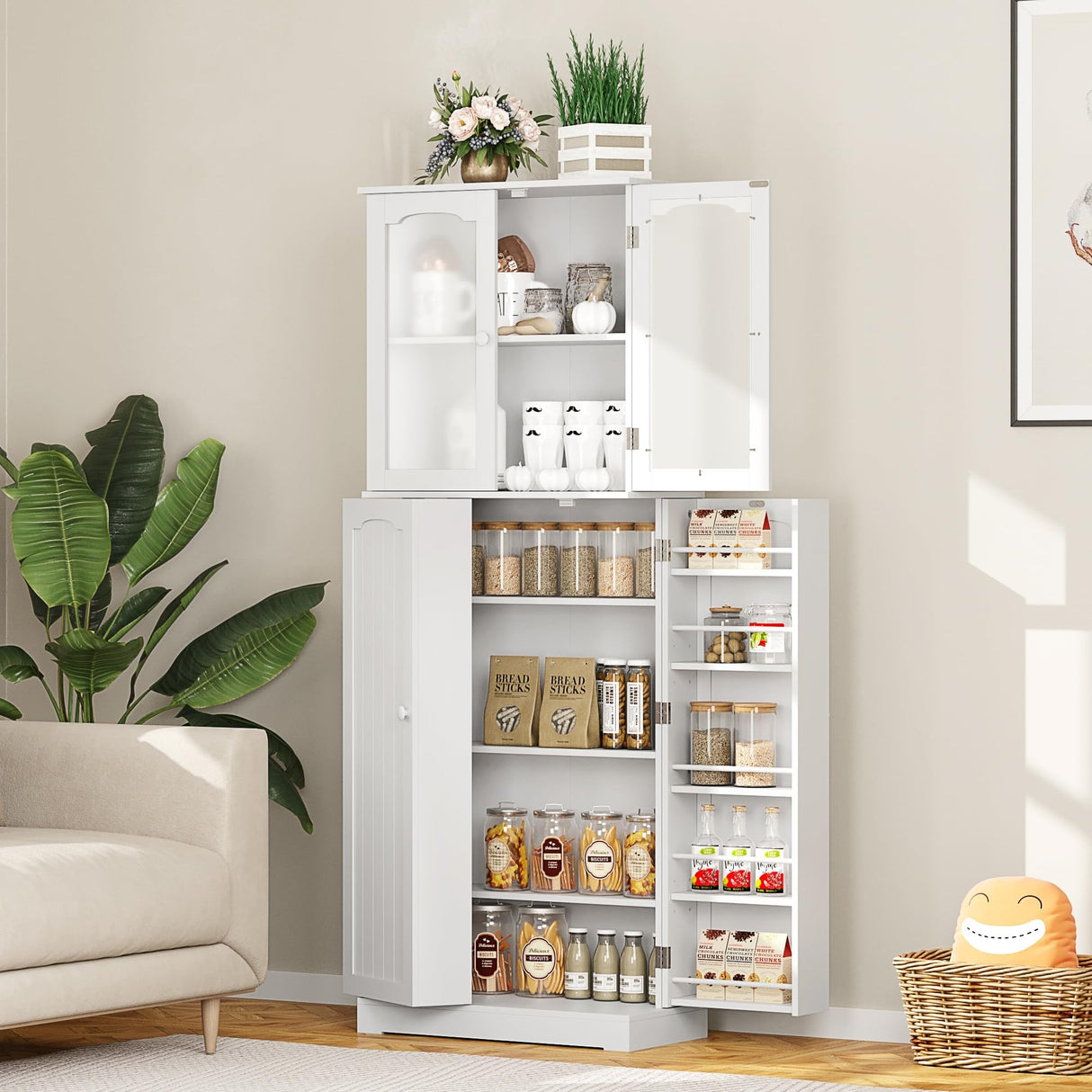 HOME BI 64" Kitchen Pantry Cabinet, Tall Freestanding Pantry with Glass Doors,Wooden Food Pantry Storage Cabinet for Home Kitchen, Dining Room, Living Room, White HOME BI