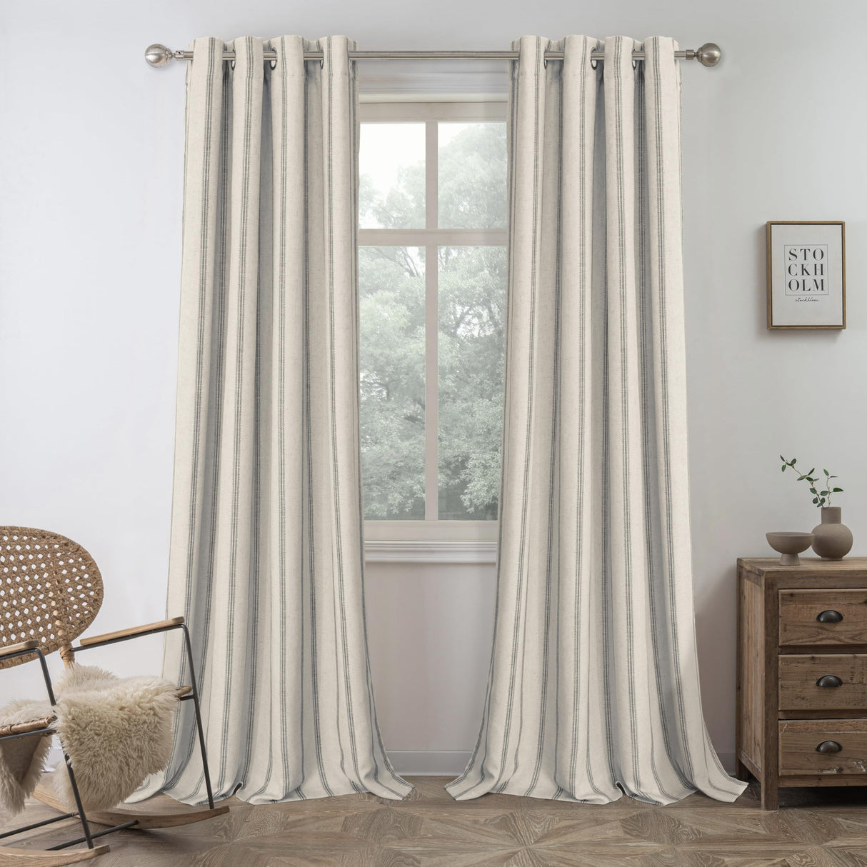DriftAway Farmhouse Linen Blend Blackout Curtains 84 Inches Long for Bedroom Vertical Striped Printed Linen Curtains Thermal Insulated Lined Treatments for Living Room 2 Panels W52 x L84 Grey DriftAway