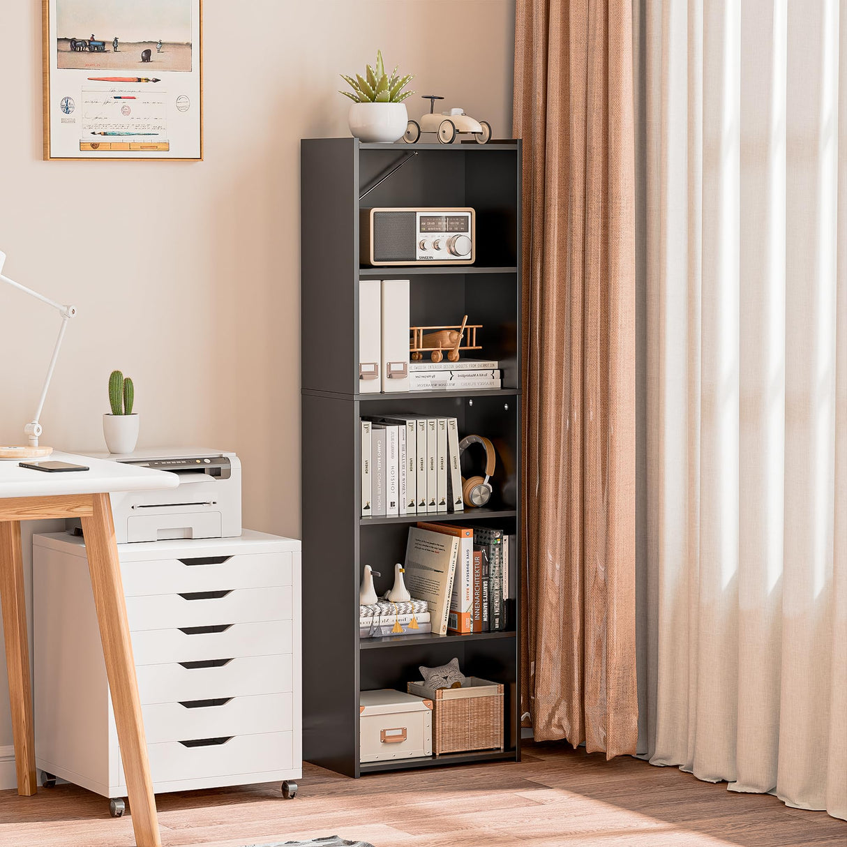 SUPER DEAL Wood Bookcase 5-Tier Open Shelf Narrow Tall Cube Bookshelf for Small Spaces Freestanding Display Storage Organizer for Kids Bedroom Home Office Apartment, 52 Inch Black SUPER DEAL