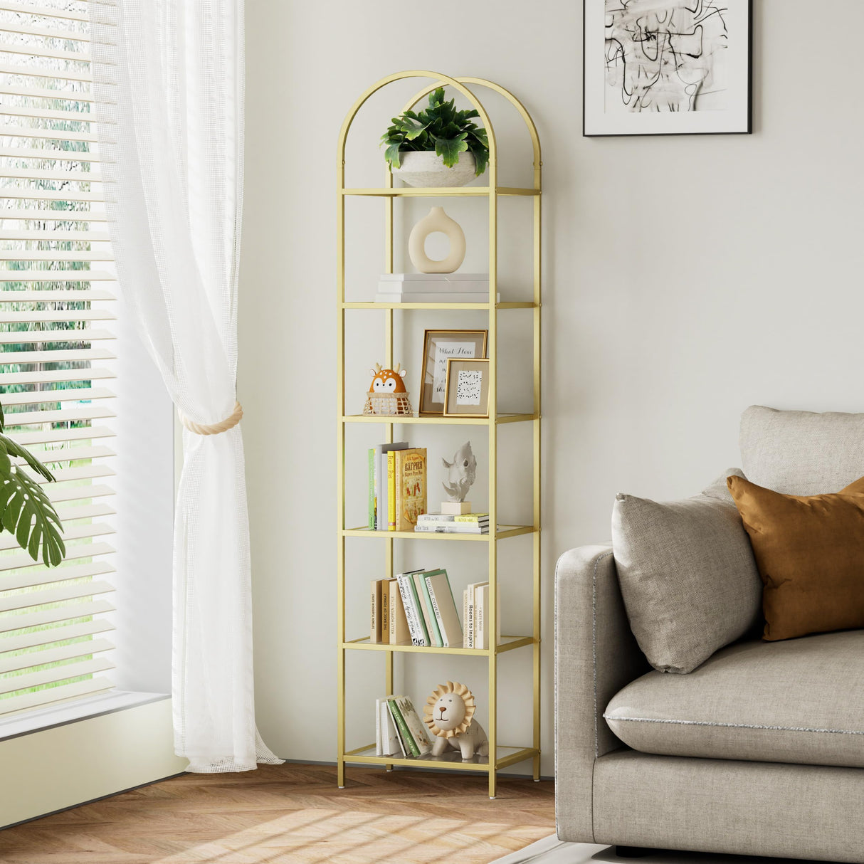 Homhedy Bookshelf Arched Display Racks,Metal Bookcase,Tempered Glass Shelves,Storage Rack Shelf for Home Office,Living Room,Bedroom, Bathroom,Modern Style (Golden, 11.8" D x 13.8" W x 68.1" H) Homhedy