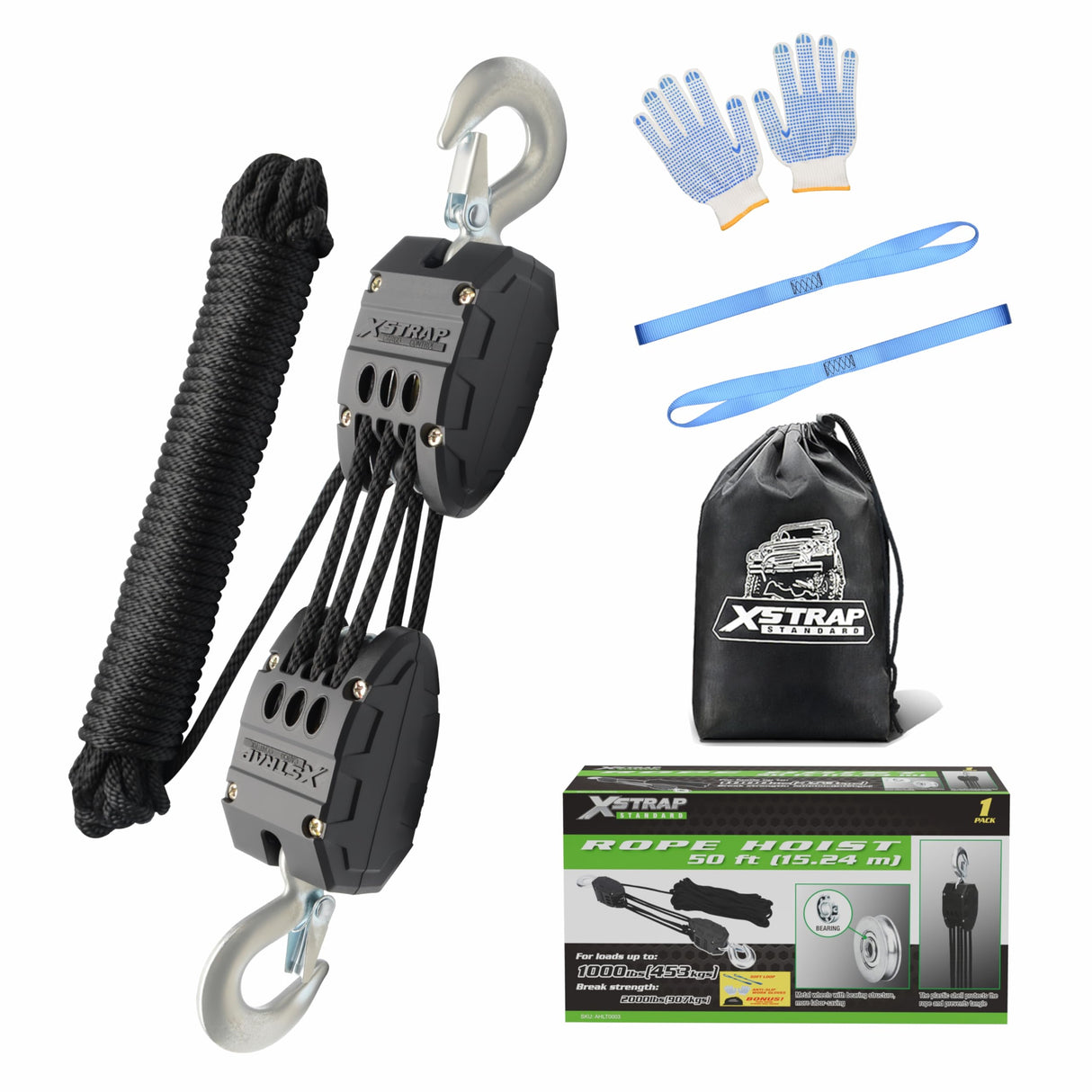 XSTRAP STANDARD Heavy-Duty Block and Tackle Pulley System, 1000LB wCapacity, 5:1 Lifting Power, 50FT Rope Hoist with 2 Soft Loops for Garage, Hunting, Tree Cutting, Deer Hoist, DIY Attic Lift, Black XSTRAP STANDARD