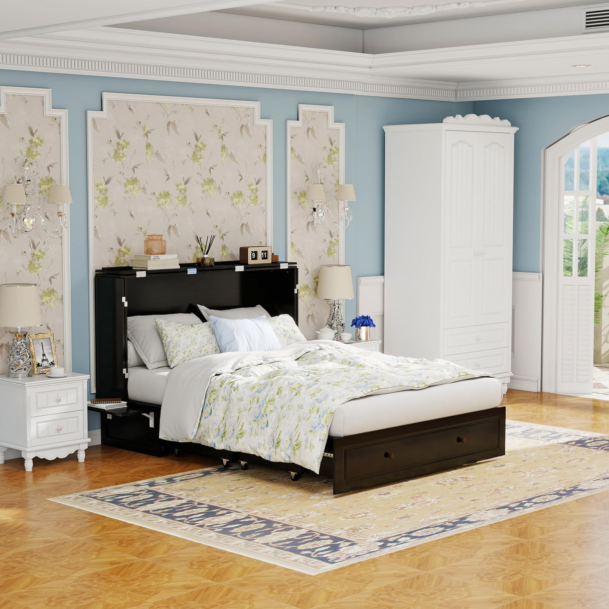 ClassyCabin Murphy Bed Queen Cabinet Without Mattress: Retro Black Wood Handle Murphy Bed Cabinet with USB Port & Small Shelves, Space Saving Wall Chest Bed with 2 Large Drawer for Home ClassyCabin