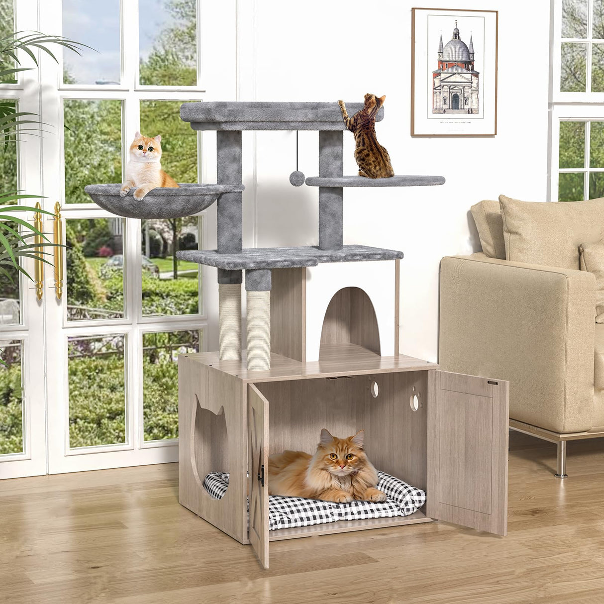 HavenlyYouth Litter Box Enclosure with Cat Tree,Cat Tree with Litter Box Enclosure,Hidden Pet Washroom Furniture with Sisal Scratching Post,Hammocks,Condo,Multiple Platform,Soft Plush Perch, Grey HavenlyYouth
