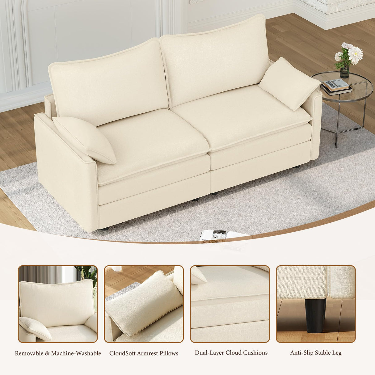 Vesgantti 74" Loveseat Sofa for Living Room, Comfy Cloud Couch Deep Seat Chenille Modern 2 Seater Small Sofa with Armrest Pillow, Easy Assembly for Small Spaces, Beige Vesgantti