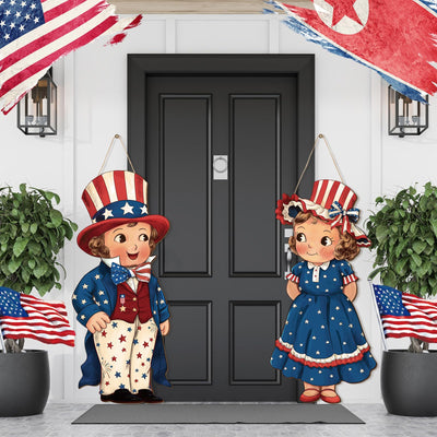 Shellwei 2 Pcs 4th of July Hanging Sign Wooden Patriotic Front Door Decorations Memorial Day Hanging Decorations for Independence Day Home Front Porch Walls Indoor Outdoor Door Hanger