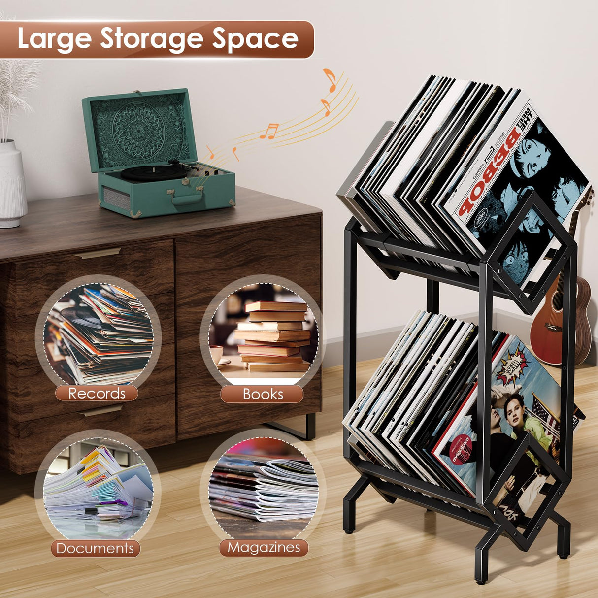 BOEASTER Vinyl Record Storage Rack, Record Holder 160-200 LP Storage Shelf Display Stand for Albums Books Magazines Files, Matte Black BOEASTER