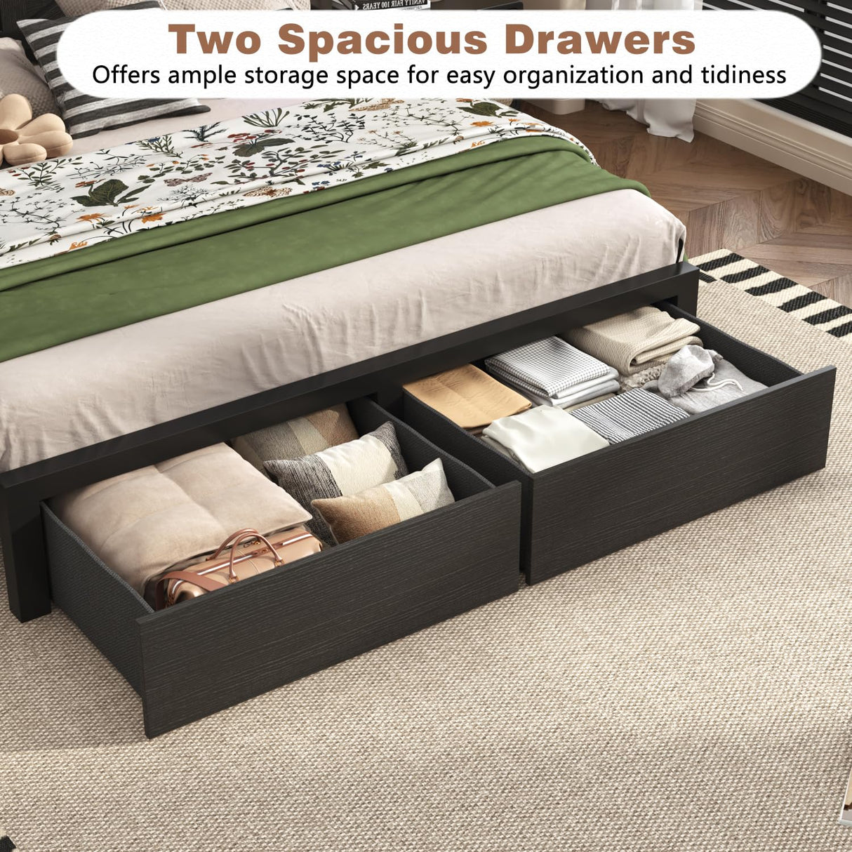 Incyneva Farmhouse King Bed Frame with Bookcase Storage Headboard, Charging Station, LED Light and 2 Storage Drawers, Noise Free, No Box Spring Needed, Black Incyneva