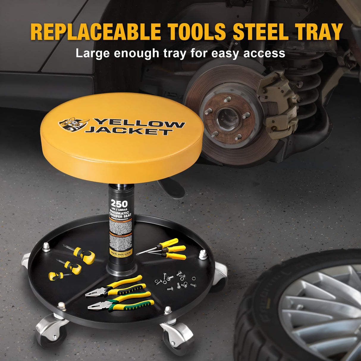 YELLOW JACKET Rolling Mechanic Stool with Wheels Pneumatic Garage Shop Seat Adjustable Height Roller Mechanics Creeper Chair with Tool Tray for Auto Repair YELLOW JACKET