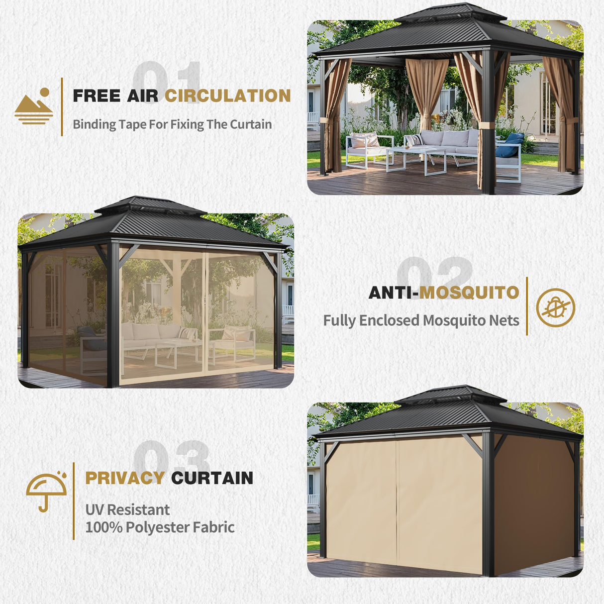 Devoko Outdoor Hardtop Gazebo Galvanized Steel Metal Gazebo Aluminum Frame Double Roof Outdoor Gazebo with Nettings and Curtains for Patios, Garden (12' x16' FT) Devoko