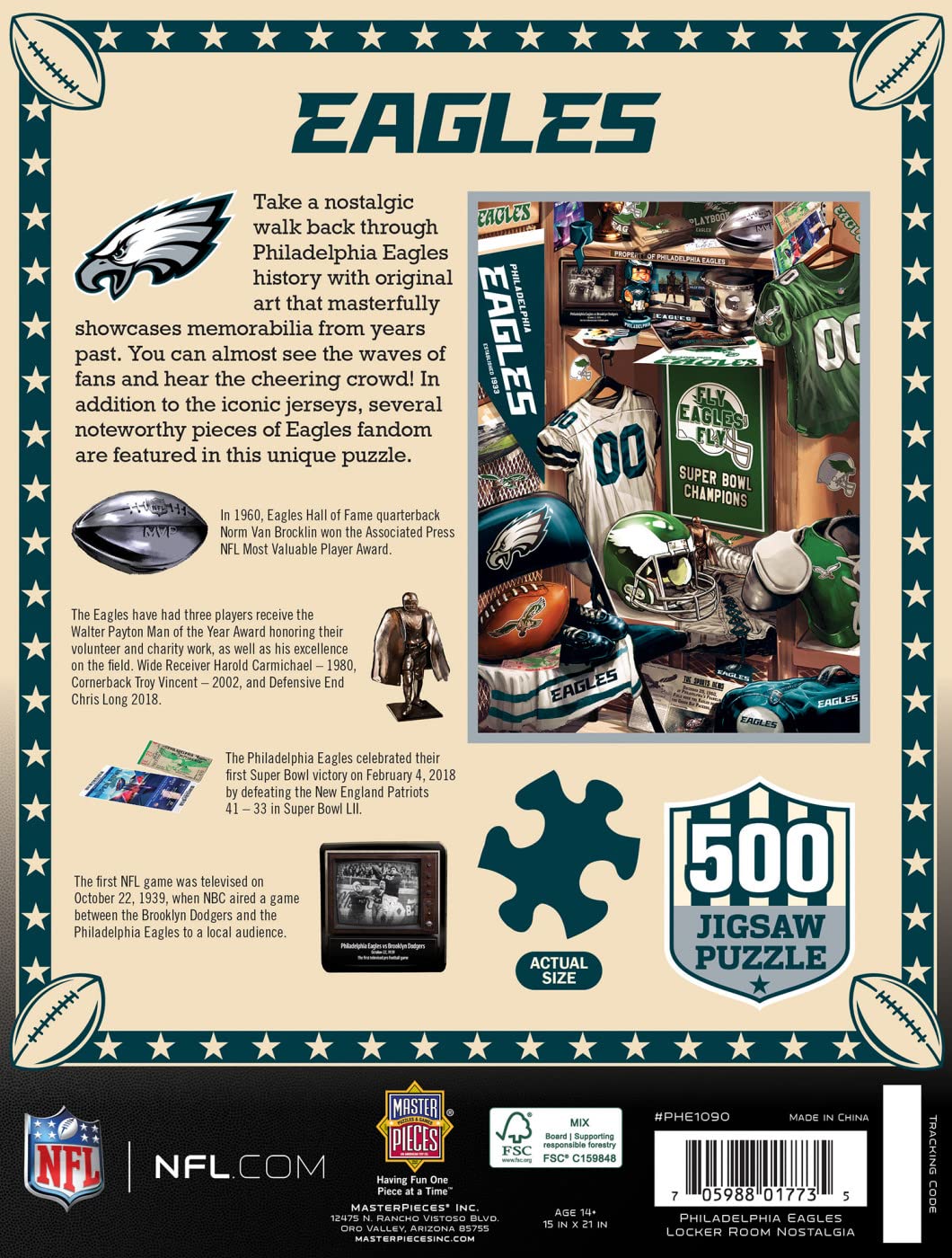 MasterPieces Game Day 500 Piece Jigsaw Puzzle for Adults - NFL Philadelphia Eagles Locker Room - 15"x21" Masterpieces