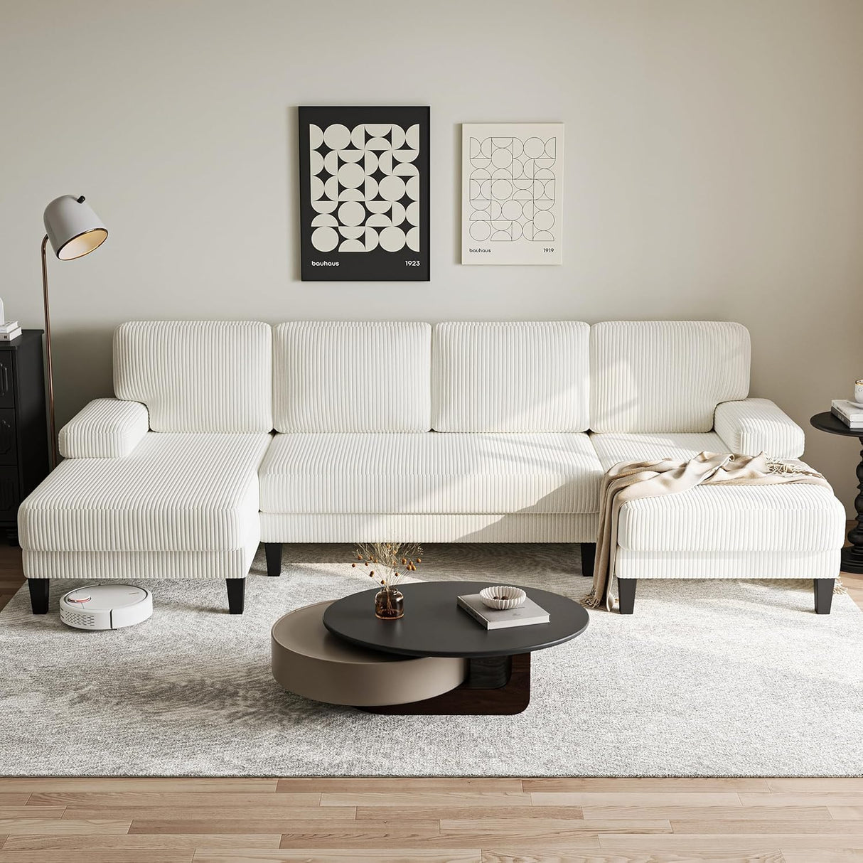 112'' Corduroy U Shaped Couch with Sleeper Lounge Chaise, 4 Seat Modern Comfy Sectional Sofa Couches for Living Room Spacious Space Apartment Office (112'' Corduroy White) ASAHREE