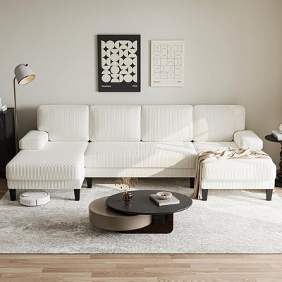 112'' Corduroy U Shaped Couch with Sleeper Lounge Chaise, 4 Seat Modern Comfy Sectional Sofa Couches for Living Room Spacious Space Apartment Office (112'' Corduroy White)