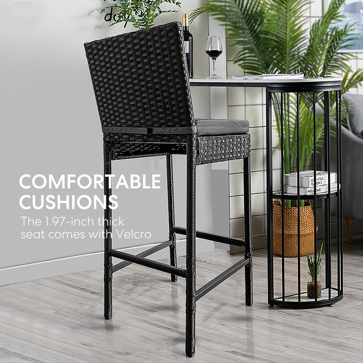 VIVOHOME Outdoor Wicker Barstool 4 Packs, Bar Chairs PE Rattan Materail, Patio Stools with Cushions, Black VIVOHOME