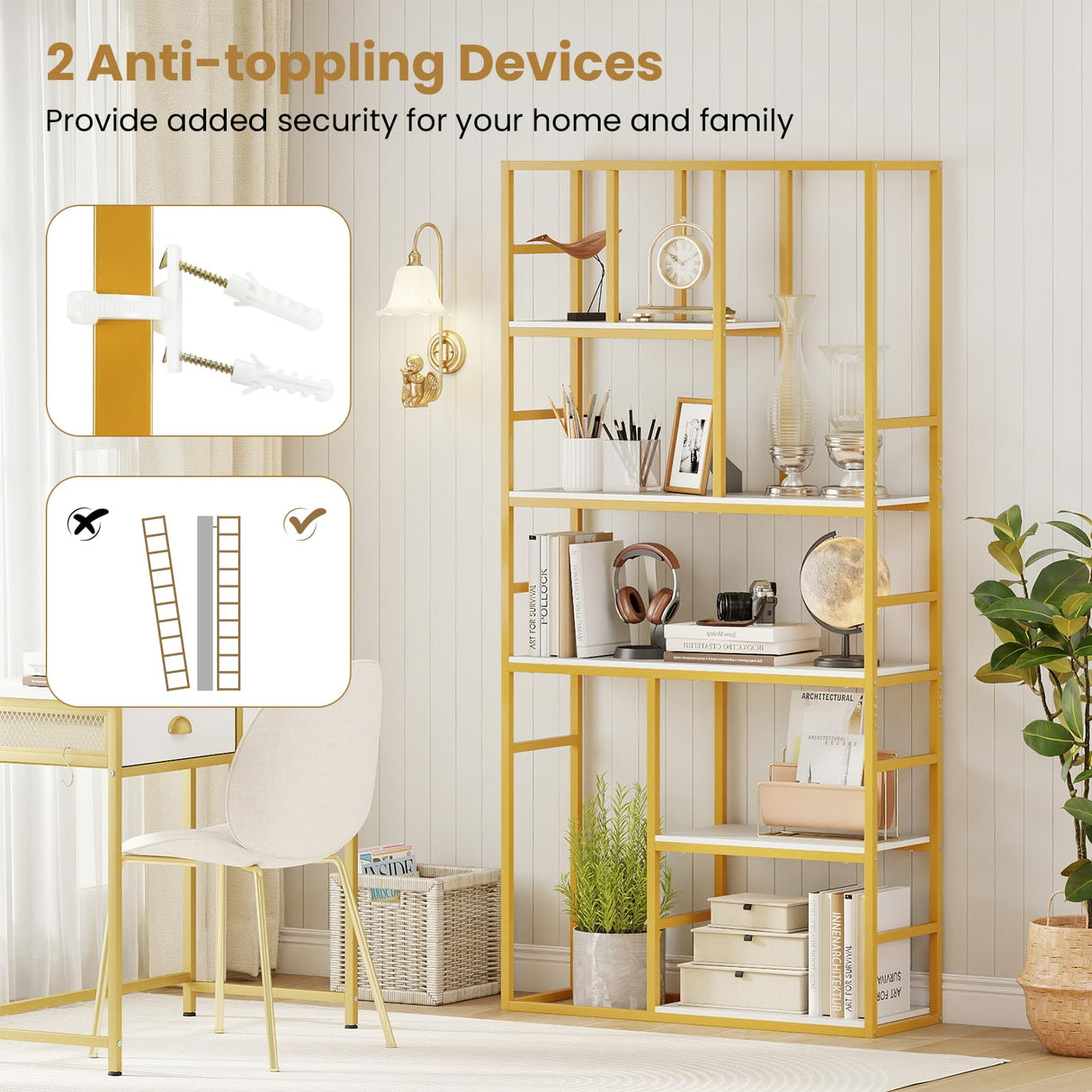 Tangkula 71” Tall Bookshelf, 5-Tier Geometric Bookcase with Open Display Shelf and Metal Frame, Freestanding Modern Storage Organizer for Living Room & Home Office (White, 71”H) Tangkula