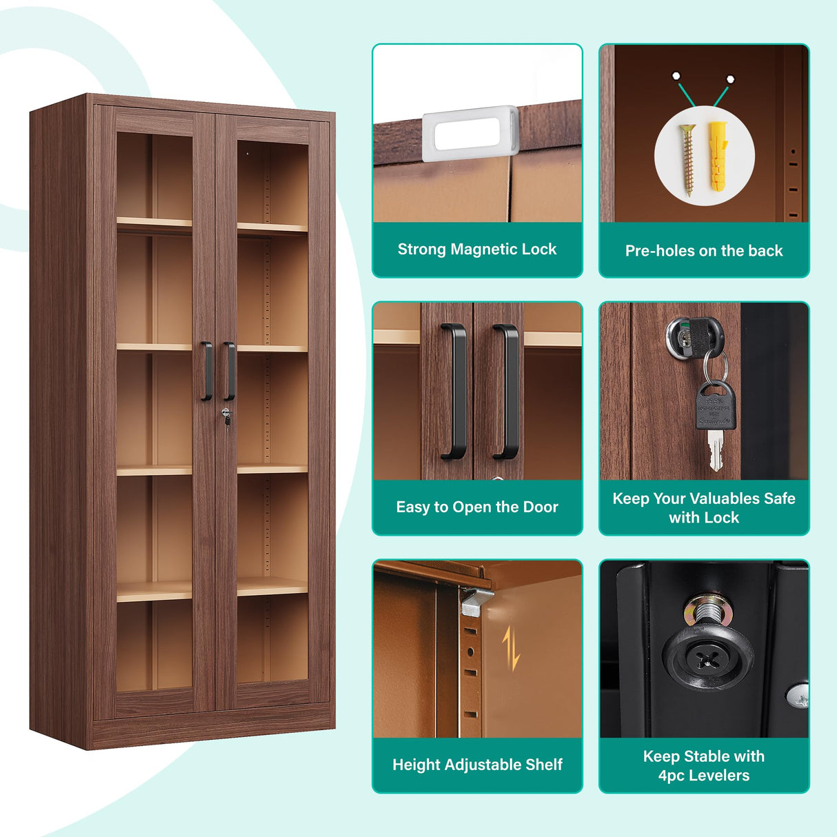 Metal Storage Cabinet with Lock and Glass Doors,Glass Display Cabinet,Tall Storage Cabinets,Locking Curio Cabinets with 5 Shelves for Collectibles,Home,Office,Living Room SISESOL