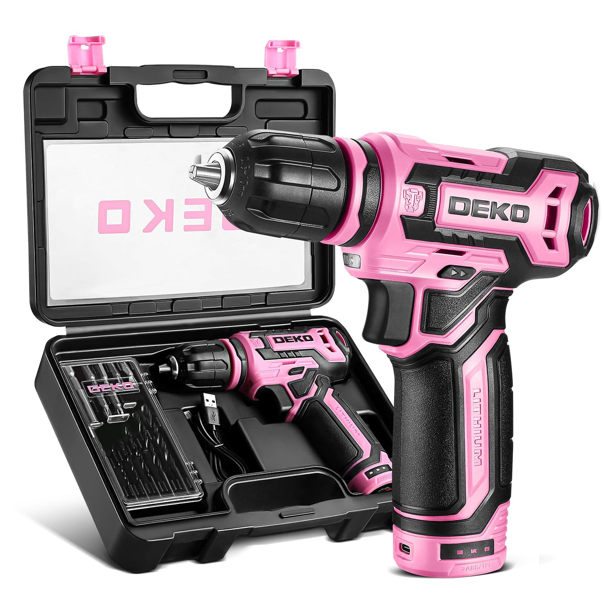 Cordless Drill:DEKOPRO 12V Power Drill Set with Pink Electric Drill with Tool Set Gift Box, Pink Drill Set for Women DEKOPRO