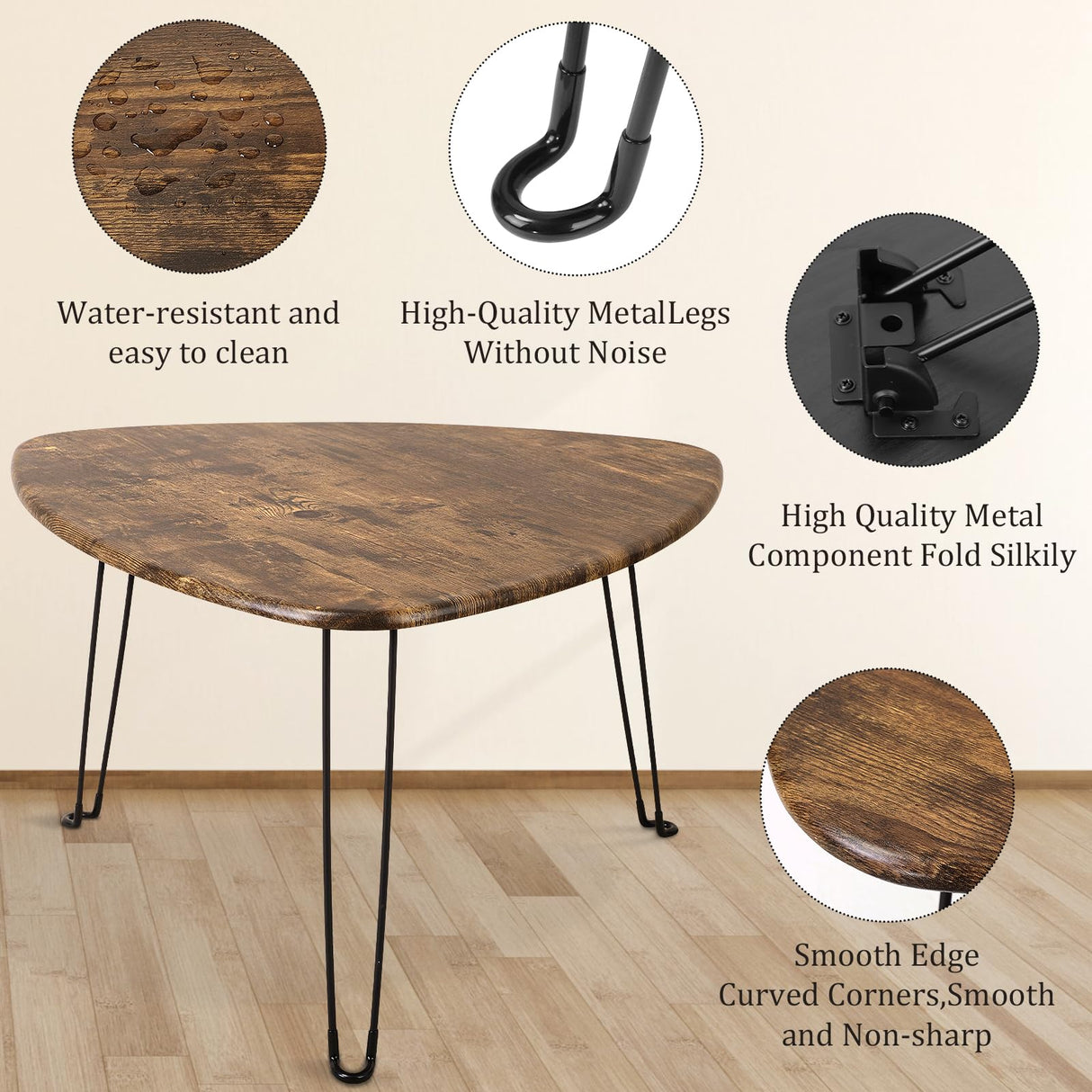 FEUFOAM Folding Coffee Table Triangle Designs Oval Coffee Tables Mid Century Wooden Triangular Accent Table with Metal Legs Foldable Industrial Sofa Center Table for Living Room Space Saving FEUFOAM