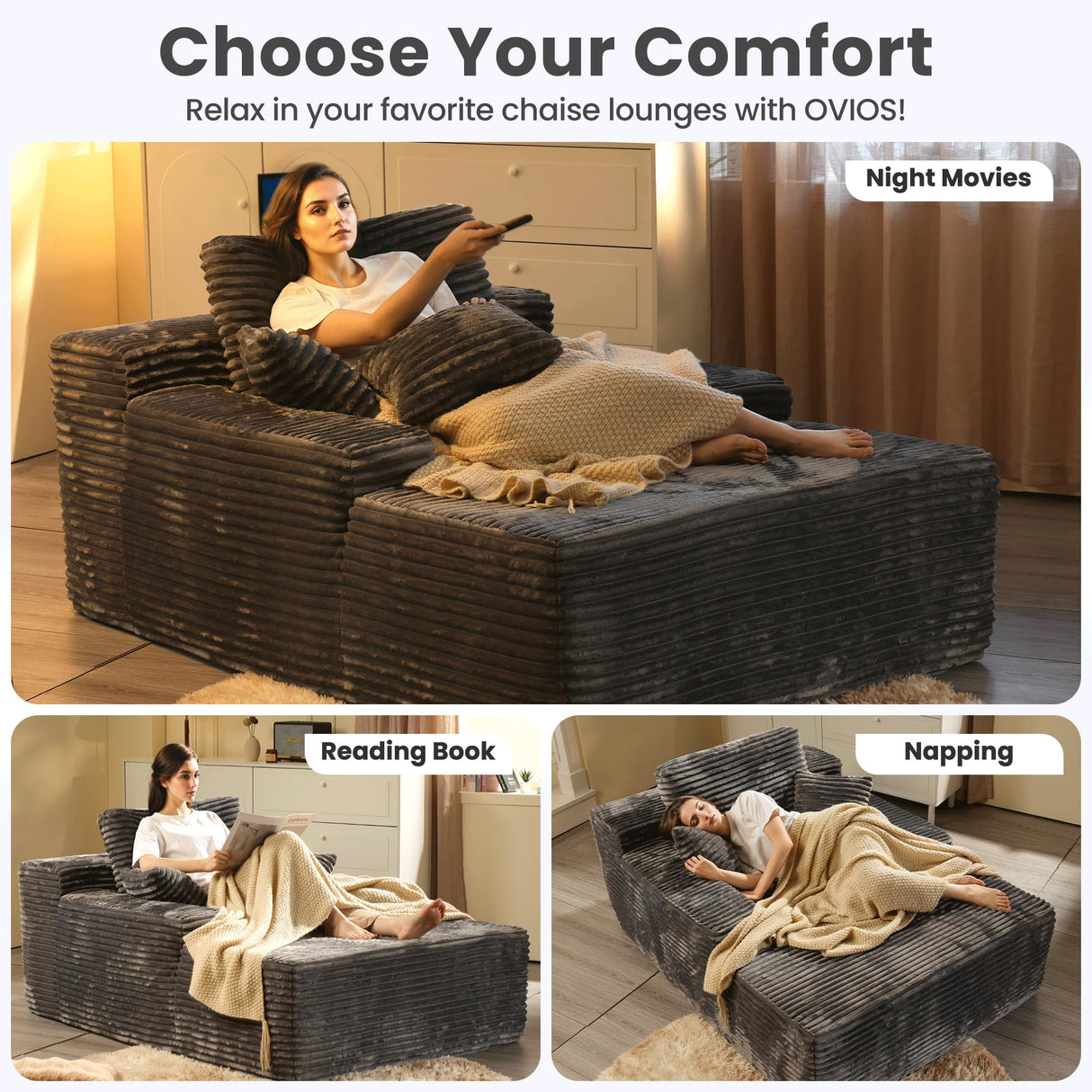 ovios 67''x48'' Chaise Lounge Chair Indoor, Upholstered Sofa Bed with 2 Throw Pillows and Armrests, Comfy Fluffy Plush Oversized Sleeper Couch for Living Room, Grey ovios