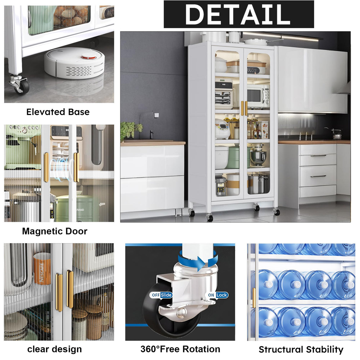67.3" Kitchen Pantry Storage Cabinet,Display Storage Cabinet with Acrylic Glass Doors, Adjustable Shelves & Wheels,Metal Tall Food Pantries Cabinets,for Kitchen, Living Room and Dining Room, White Legendstone