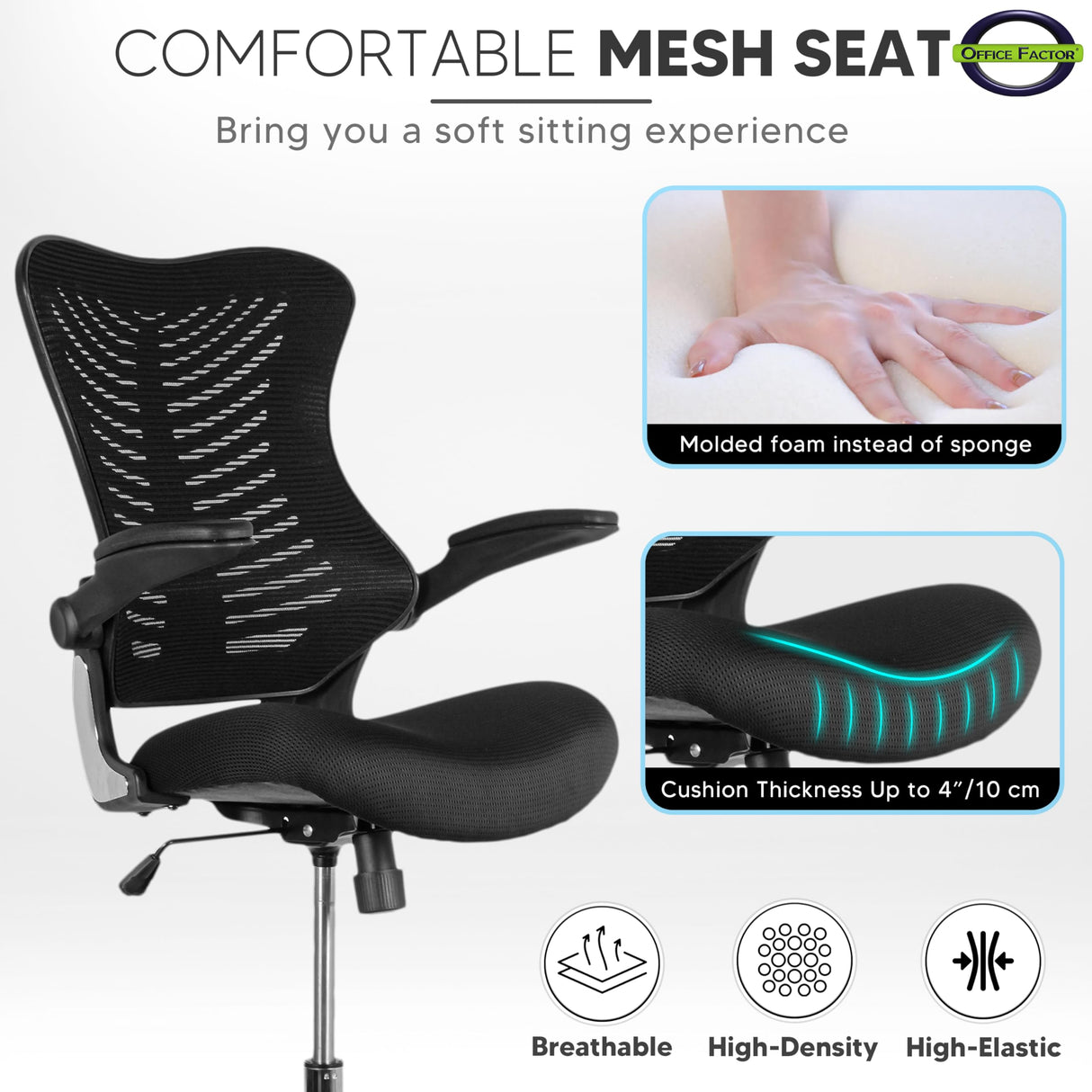 OfficeFactor Ergonomic Drafting Chair Tall Office Chair Standing Desk Chair Flip up Armrests Molded Foam Seat with Adjustable Footrest Ring Lumbar Support (Black MESH Fabric) OFFICE FACTOR