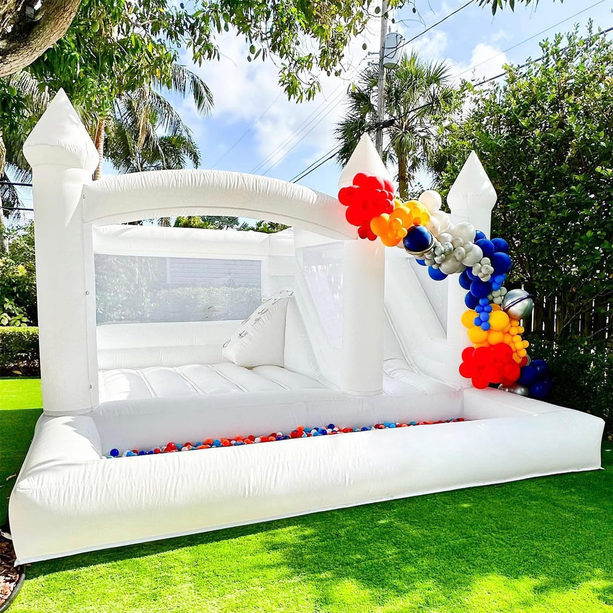 Adults lnflatable White Bounce House for Kids, Commercial 100% PVC 15FT Large Bounce House Castle Outdoor, w/Slide & Ball Pit, Wedding Birthday Party Decorations(1100W Blower) Inflantteble