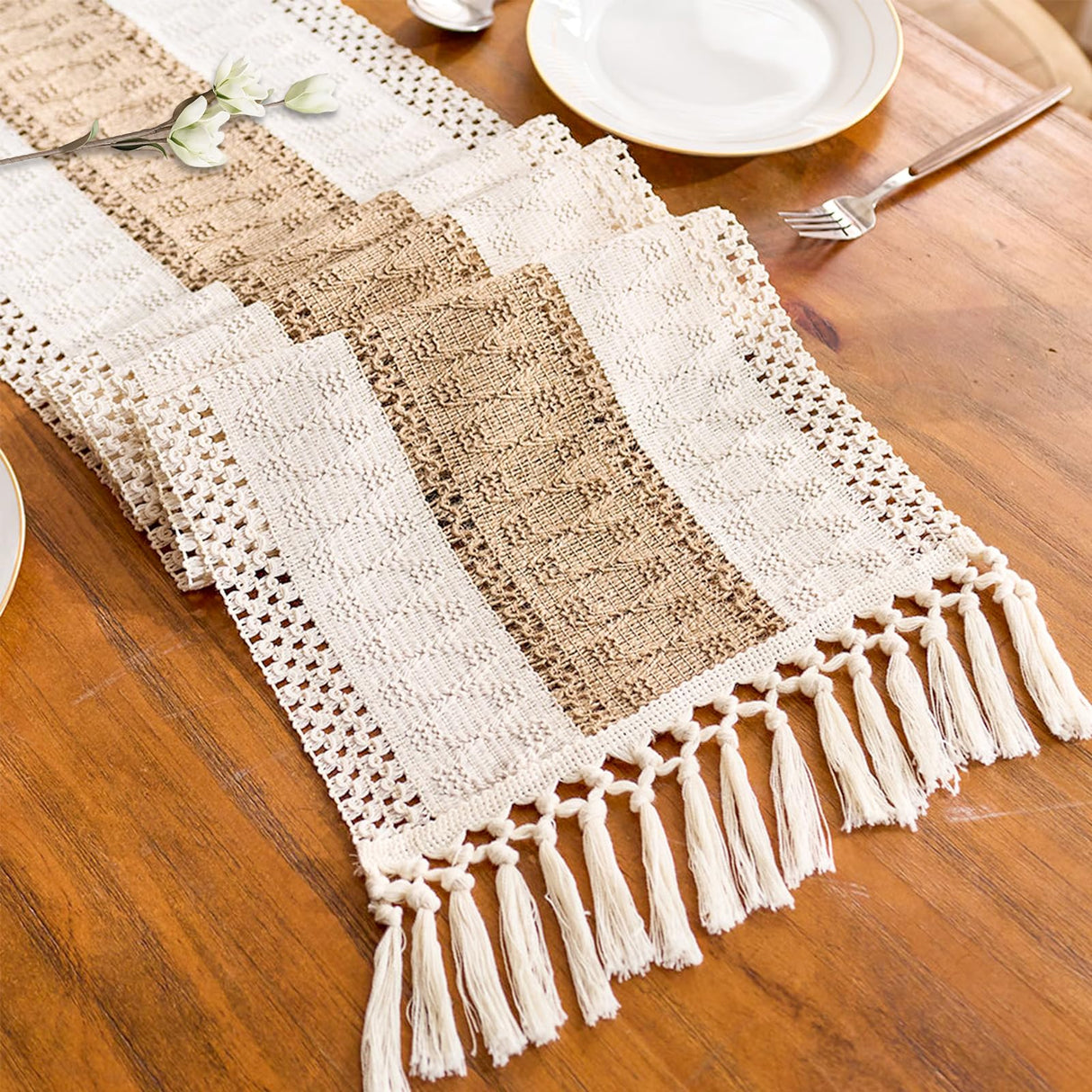 Vanzard Boho Table Runner for Thanksgiving Fall Christmas Home Decor with Tassels 72 Inches Long , Farmhouse Rustic Table Runners for Bohemian Kitchen Dining Table(12x72in) Vanzard