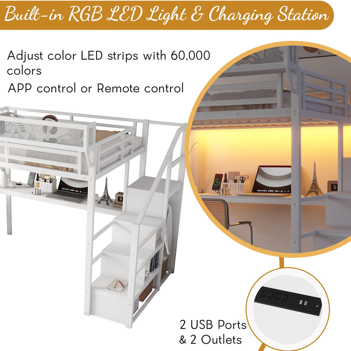 Full Loft Bed with Desk and RGB Light, Metal Loft Bed Frame with Stairs and Bedside Shelf, Heavy-Duty Lofts Beds with Storage Shelves and Wardrobe for Kids Teens, White Mirightone