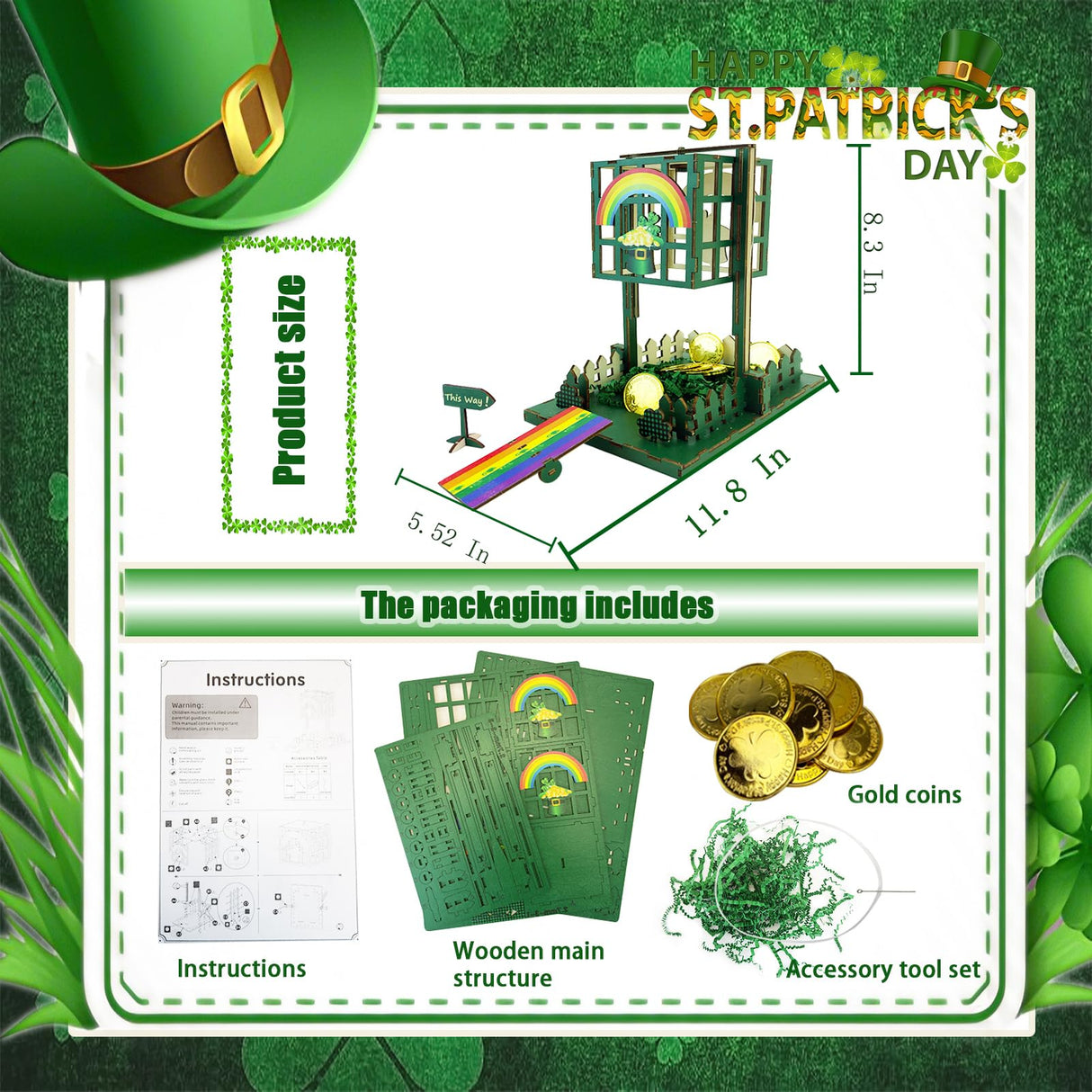 Vecacosic Leprechaun Trap Kit for Kids, Wood DIY How to Catch A Leprechaun Kit St Patricks Day Leprechaun Trap Decorations, Funny Leprechaun Trap Kit Supplies Toys Crafts Gift (B) Vecacosic