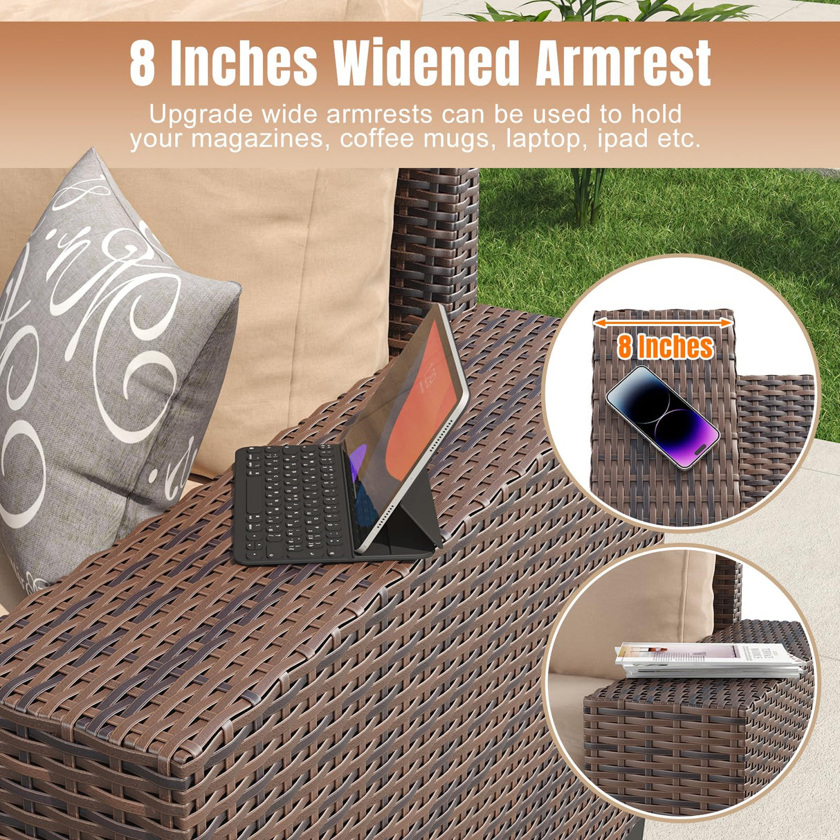 Aoxun 13 Pieces Patio Furniture Set with 44” Fire Pit Table Wicker Rattan Outdoor Sectional Conversation Set with Coffee Table and 4” Thickened Cushions, Beige (Waterproof Cover Included) Aoxun