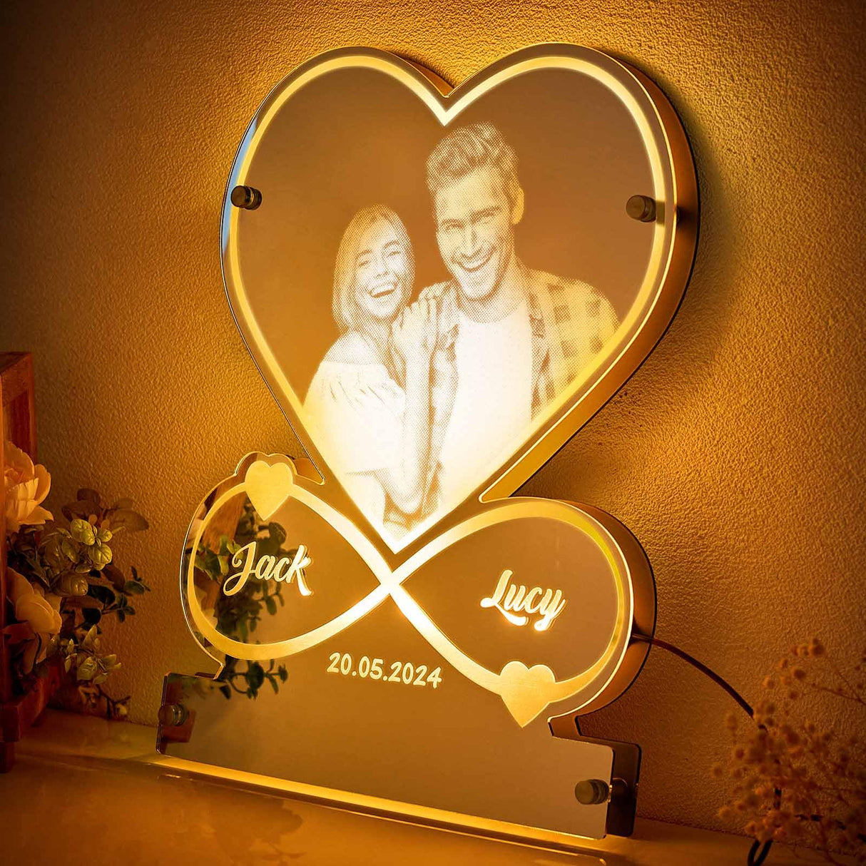 VEELU Personalized Infinity Love Name Mirror LED Light - Custom Heart Light Up Mirror Picture Frame with Photo, Customize LED Night Light Mirror Anniversary Couples Gifts for Women and Men VEELU