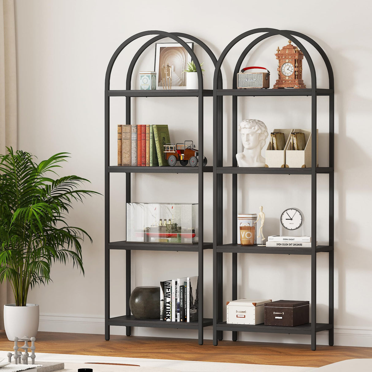 Yusong Bookshelf 4 Tier Arched Bookcase, 71.3" Tall Industrial Open Book Shelves for Living Room, Modern Freestanding Display Shelving Unit Storage Rack with Metal Frame, Office, Bedroom, Black Yusong