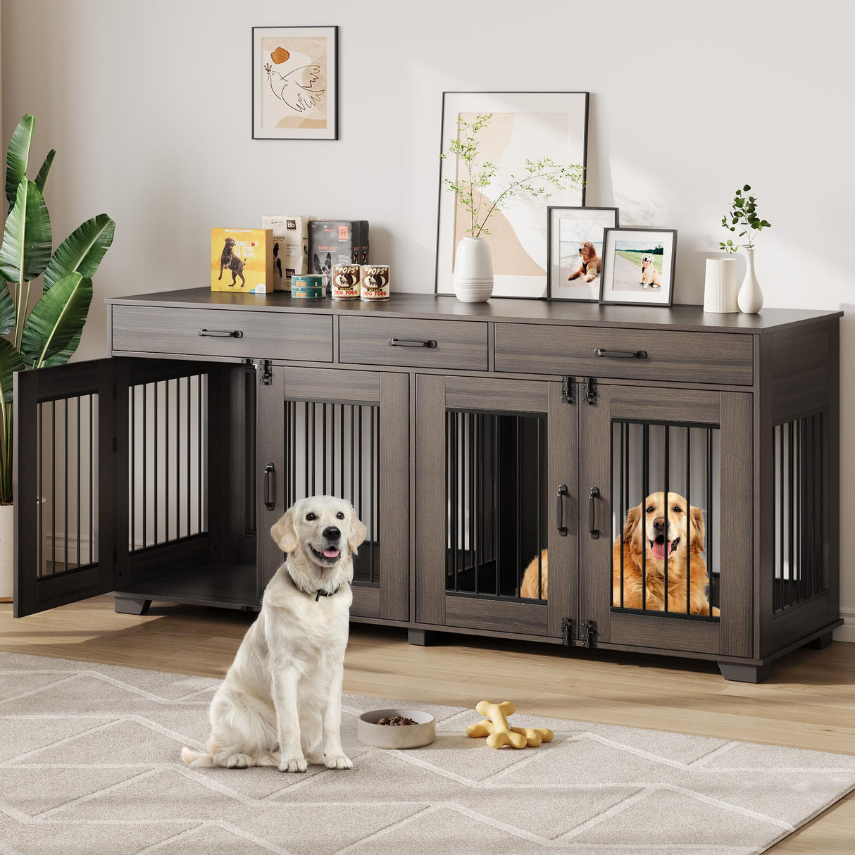 71'' Large Dog Crate for 2 Dogs, Dog Crate Furniture with 3 Drawers, Dog Kennel Furniture, Heavy Duty Dog Cage and TV Stand, Perfect for Medium Large Dogs, Walnut GarveeLife