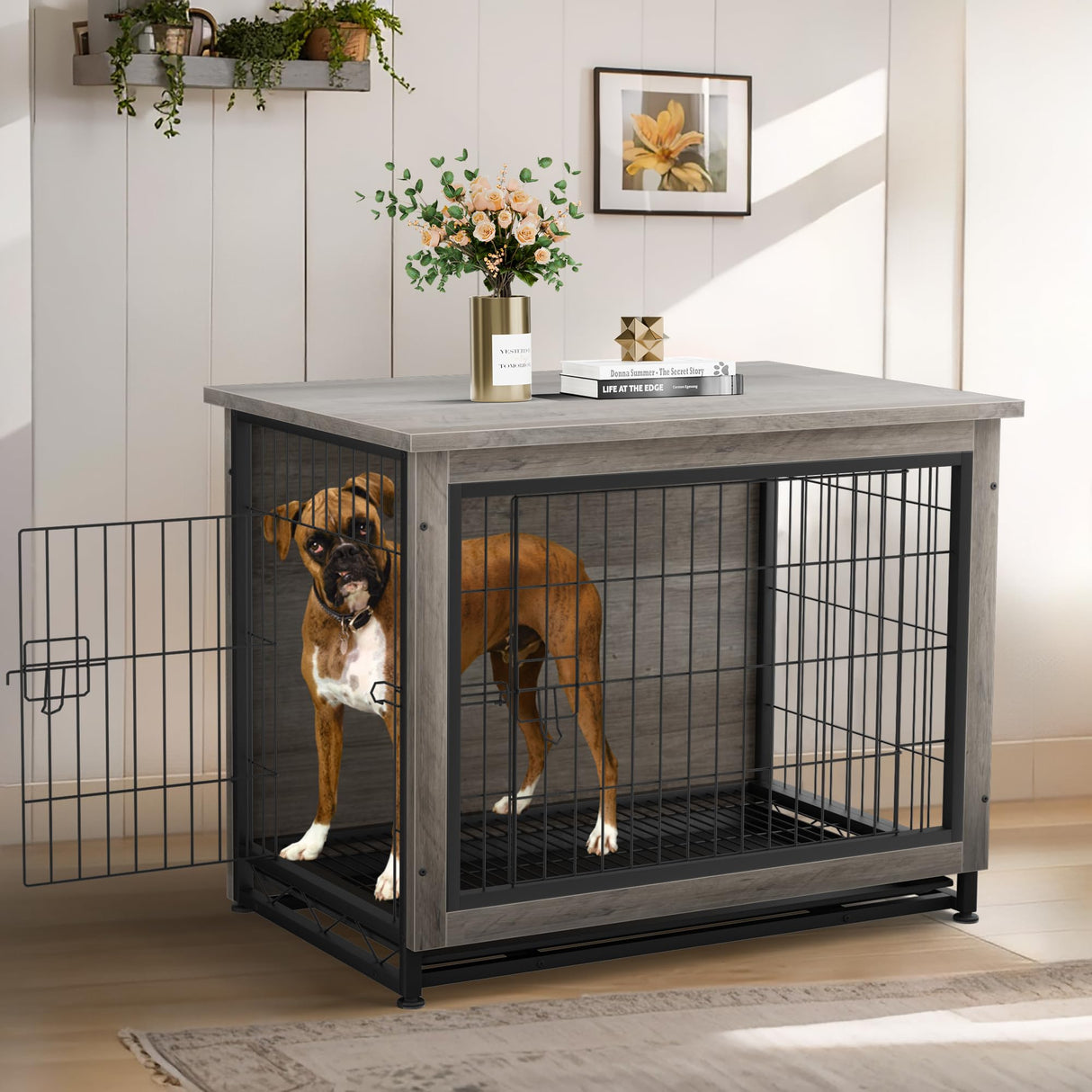 JY QAQA Dog Crate Furniture, Wooden Dog Crate Table, Double-Doors Dog Furniture, Indoor Dog Kennel, Dog House, Dog Cage/Grey/XL JY QAQA PET