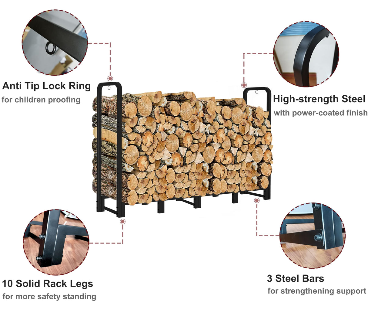 Artibear Firewood Rack Outdoor 8ft Heavy Duty Logs Holder for Indoor Fireplace Metal Wood Pile Storage Stacker Organizer, Matte Black Artibear