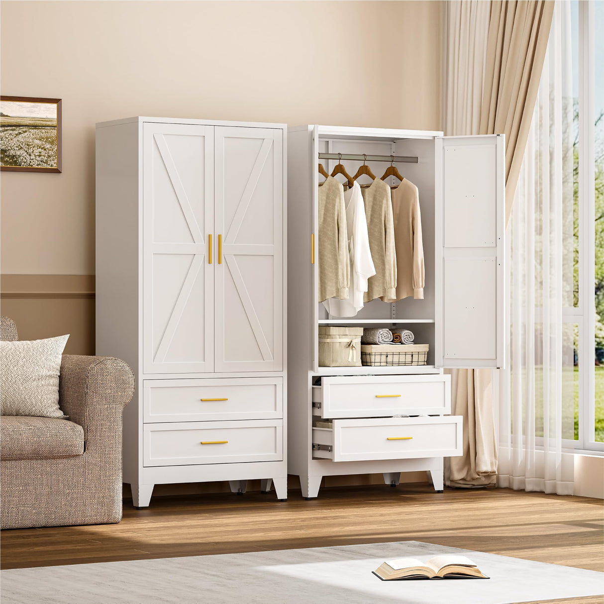 YAUWOH Farmhouse Wardrobe Cabinet with 2 Drawers,Metal Wardrobe Closet with Hanging Rod,Metal Armoire with Adjustable Shelves for Bedroom,Living Room, Cloak Room,Office (White) YAUWOH