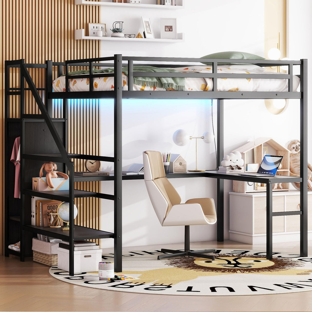 Full Size Loft Bed with Desk and Storage Shelf, Full Size Loft Bed with Stairs and Wardrobe, Full Loft Bed with Charging Station and RGB LED Light, Metal Loft Bed for Adults, Teens, Kids(Black Full) Bellemave