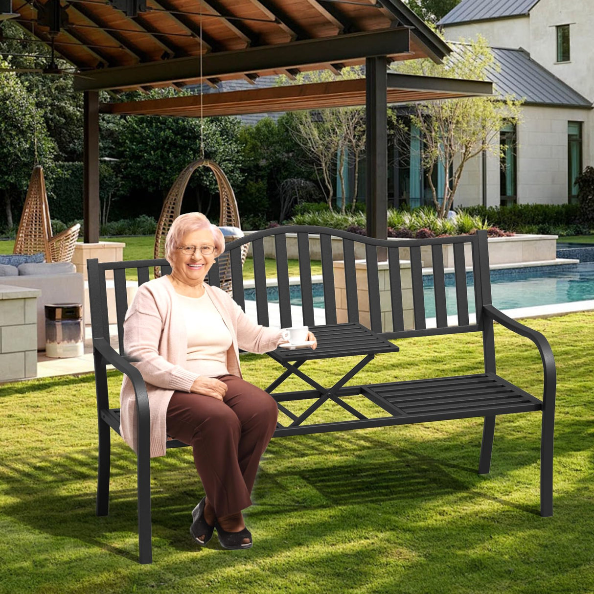 SHGJ&SOFT Outdoor Bench, Garden Bench, Cast Iron Metal Frame Patio Park Bench with a Small Table, for Porch, Lawn, Garden, Yard (D2644BK-1) SHGJ&SOFT