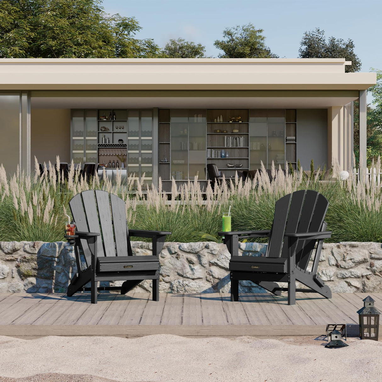 Ciokea Folding Adirondack Chair Wood Texture for Patio, Weather Resistant, Plastic Fire Pit Chair with Cup Holder, Lawn Chair for Outdoor Porch Garden Backyard Deck (Black) Ciokea