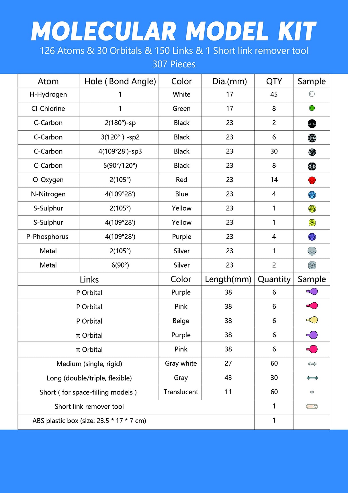 Swpeet 307 Pcs Molecular Model Kit for Organic and Inorganic Chemistry - Chemistry Molecular Model Student and Teacher Set - 126 Atoms & 30 Orbitals & 150 Links & 1 Short Link Remover Tool Swpeet