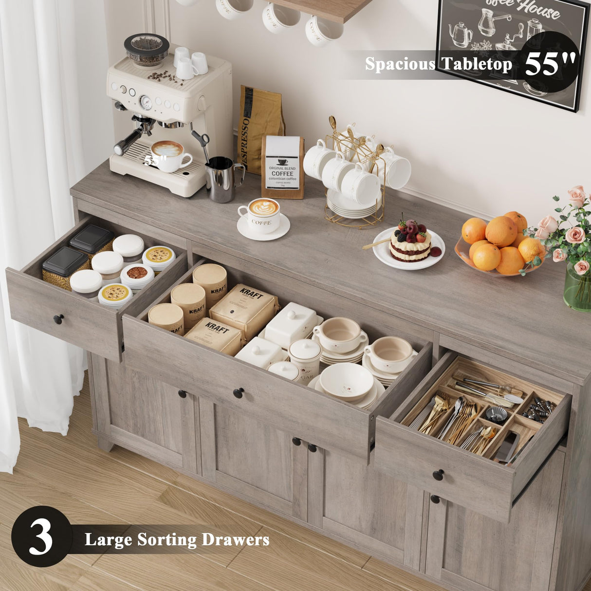 HIFIT 55" Large Kitchen Buffet Cabinet with Storage Drawers, Farmhouse Sideboard Buffet Table Storage Cabinet with Doors and Shelves, Wood Coffee Bar Cabinet for Kitchen Dining Living Room, Ash Grey HIFIT