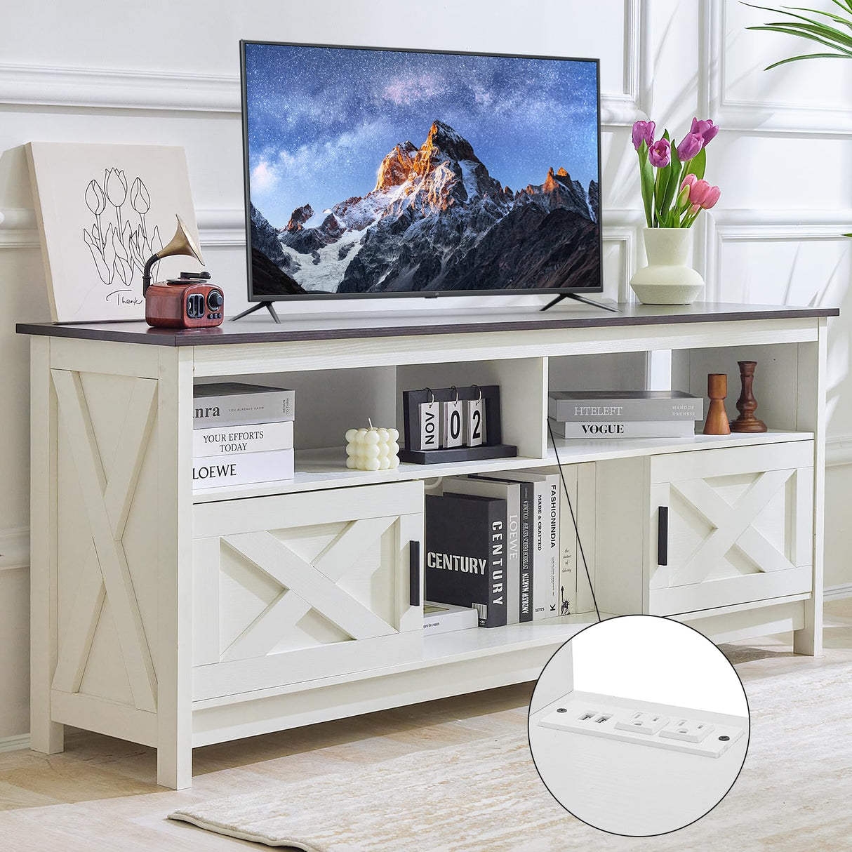 Rustic White Farmhouse TV Stand, Entertainment Center with Power Outlets for TVs up to 65 Inch, Mid Century Modern TV Cabinet, Media Console Table for Living Room, Farmhouse TV Console (Black) Redlifeᅟᅠ