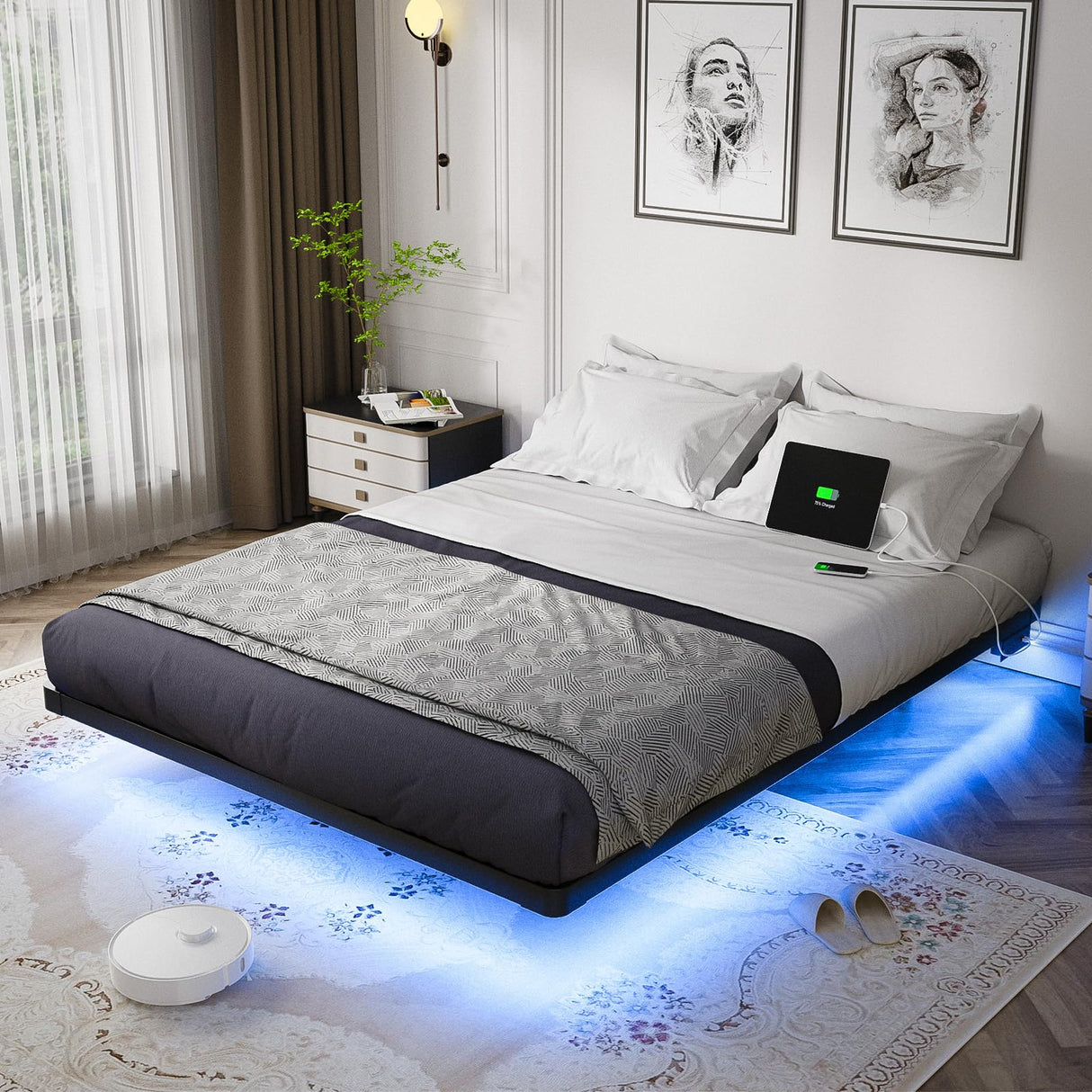 OLEVS Queen Size Floating Bed Frame with Smart LED Lights and Charging Station - Modern Metal Design, Easy Assembly, No Box Spring Required OLEVS