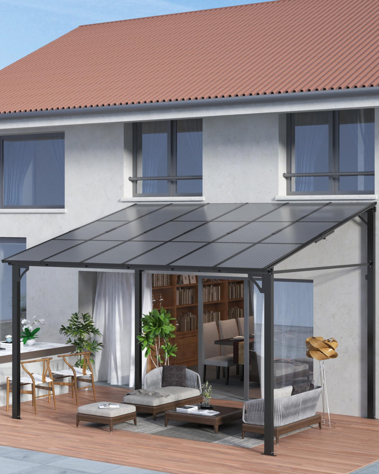 GarveeLife 10'x 10' Lean to Gazebo, Hardtop Wall Pergola with Polycarbonate Roof, Aluminum Frame Mounted Gazebo for Lawn Patio Deck Yard and Party Garveelife