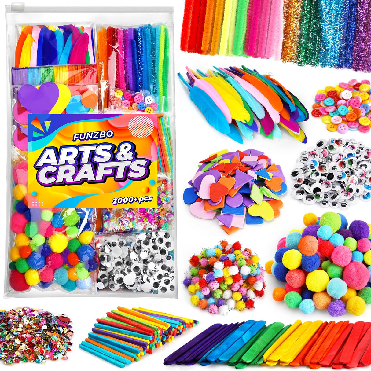 FunzBo 2000Pcs+ Arts & Crafts Supplies Kits for Kids,St Patricks Day DIY Craft Supplies for Toddlers DIY Art Supply Tools Set Include Pipe Cleaners,Pom Poms and Feather,Easter Crafts for kids Ages 4-8 FUNZBO