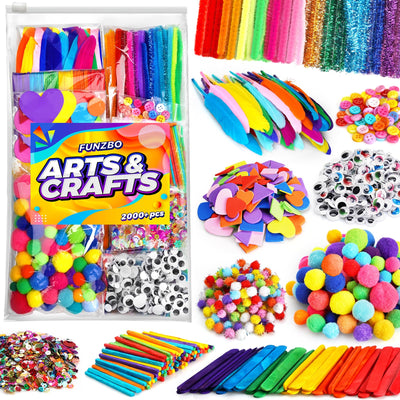 FunzBo 2000Pcs+ Arts & Crafts Supplies Kits for Kids,St Patricks Day DIY Craft Supplies for Toddlers DIY Art Supply Tools Set Include Pipe Cleaners,Pom Poms and Feather,Easter Crafts for kids Ages 4-8