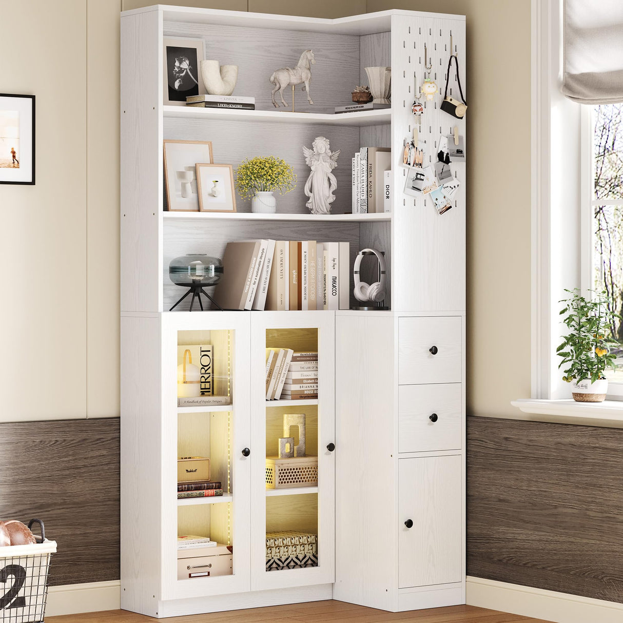 IRONCK Corner Bookshelf with LED Lights, 78.7" Tall Corner Bookshelves with 2 Drawers & Transparent Doors, 7 Tiers L-Shaped Bookcase with Open Shelves and Pegboards for Living Room, Home Office, White IRONCK
