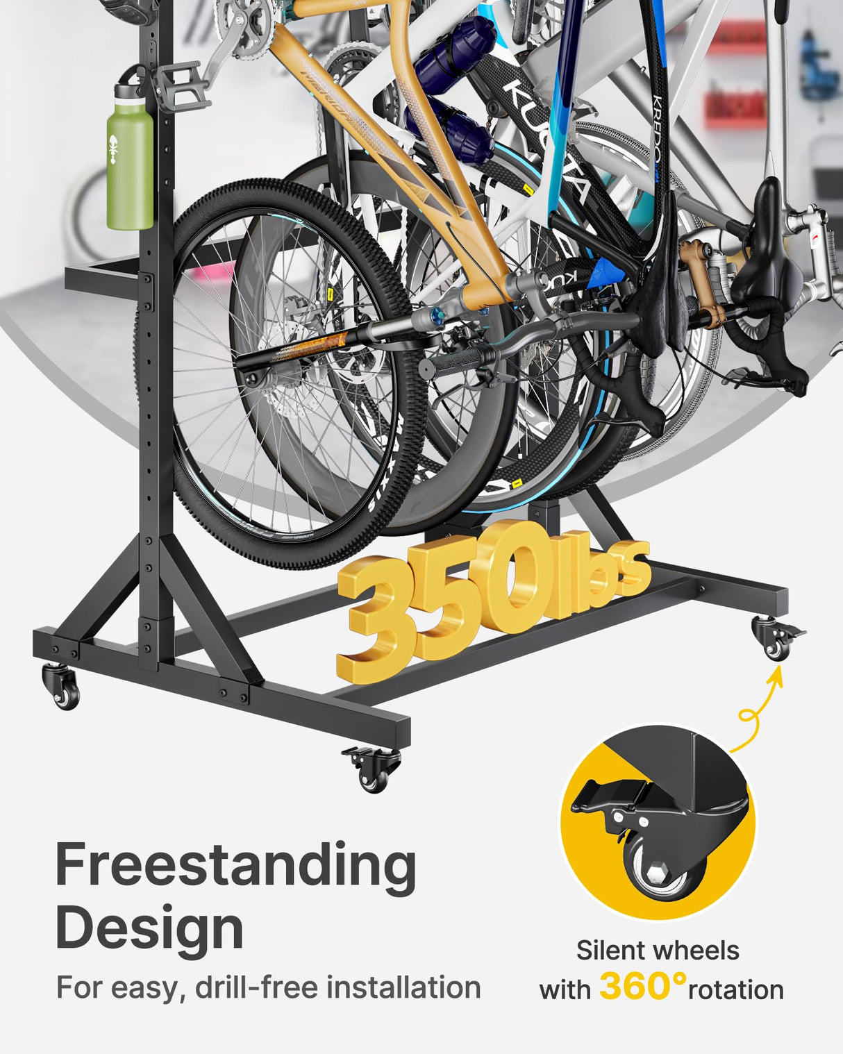 monTEK Freestanding Bike Storage Rack for 5 Bikes, Heavy Duty 350LBS Vertical Bike Stand with 5 Bike Hooks & 6 Helmet Hooks, Indoor and Outdoor Bike Storage Rack with Locking Casters monTEK