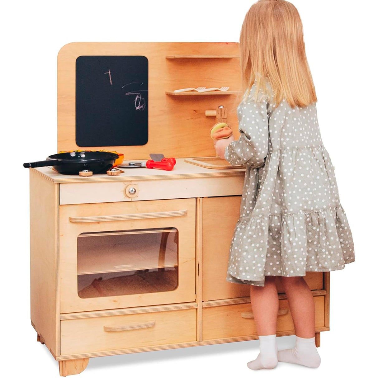 Kids Pretend Play Kitchen Wooden Montessori Playroom Furniture Nursery Decor Birthday Gift for Toddler Girl Wood Natural Baby Neutral Room (Natural) Enjoy The Wood