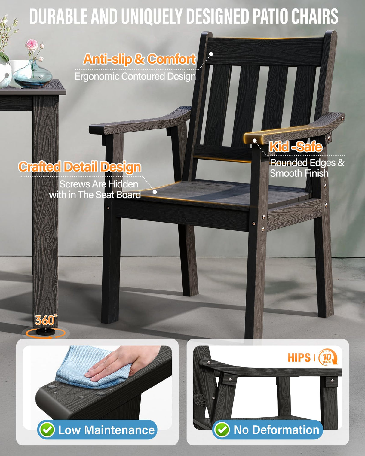 YEFU HIPS Patio Table Set: 7 Piece Outdoor Table and Chairs Dining Furniture Set with Umbrella Hole - Black Modern Plastic Dining Sets 6 Person for Outside Deck with Metal Aluminum Frame YEFU